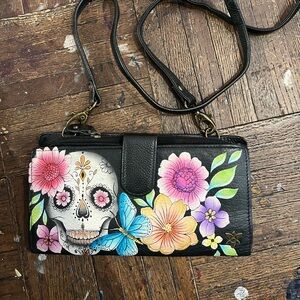 ANUSCHKA Floral Skull Black Leather Crossbody all  leather , fold out RFID block